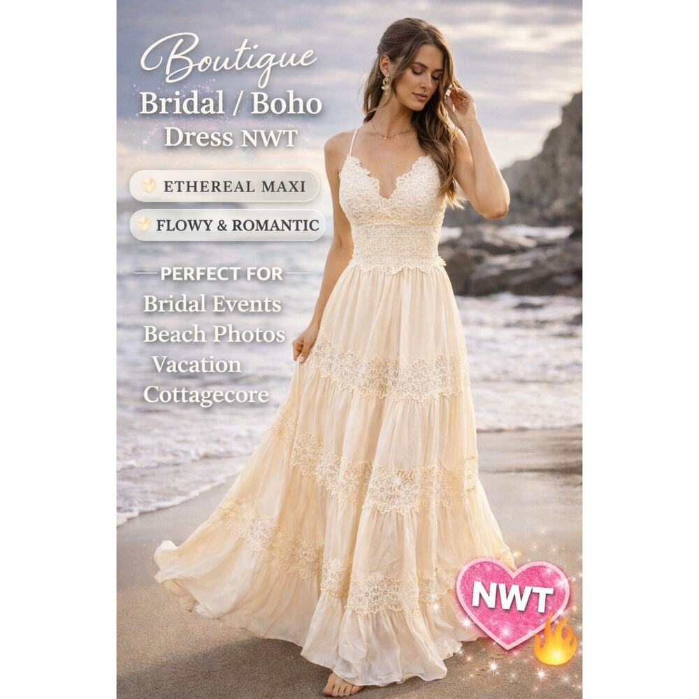 Boutique Boho Lace Maxi Dress NWT Size M Cottagecore 3 Tiered